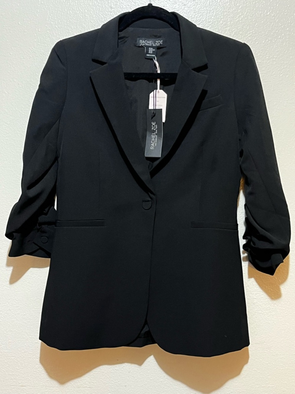 Rachel Zoe Black Tailored Blazer Ruched Sleeve NWT Size XS Chic Classic